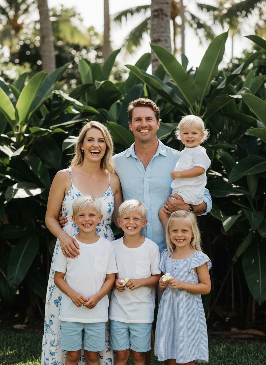 Happy family of six posing outdoors with tropical greenery in the background.